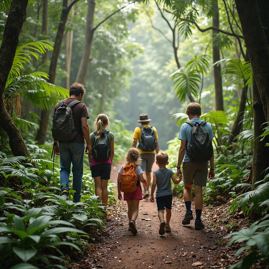 Family adventure group hiking through Australian rainforest